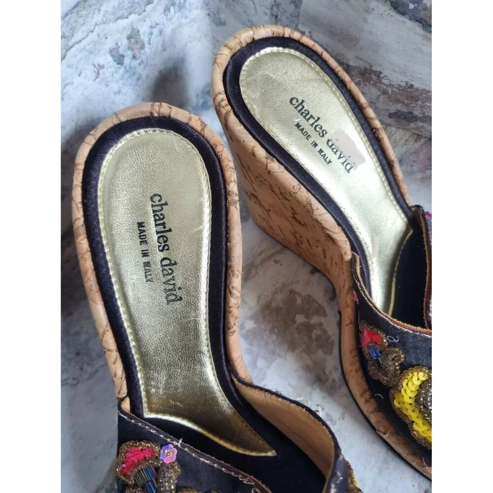 Charles David Women's Embellished Cork Wedge Sandals - Black & Gold, Size 8.5